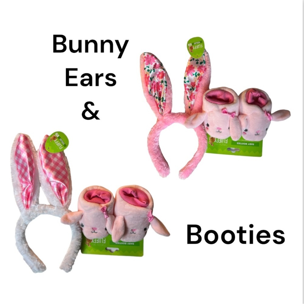 NWT Happy Go Fluffy Pink Bunny Ear Headband & Bunny Booties